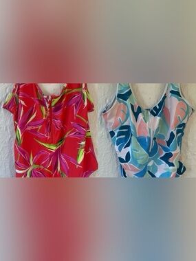 Old Navy (2) plus size 1 piece swimsuits, zipper, orange floral, graphic ; XXL